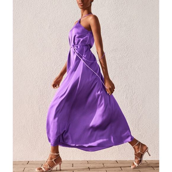 Ann Taylor Halter Midi Dress Womens SP Purple Satin Belted 2024 Style Night Out - Picture 1 of 14